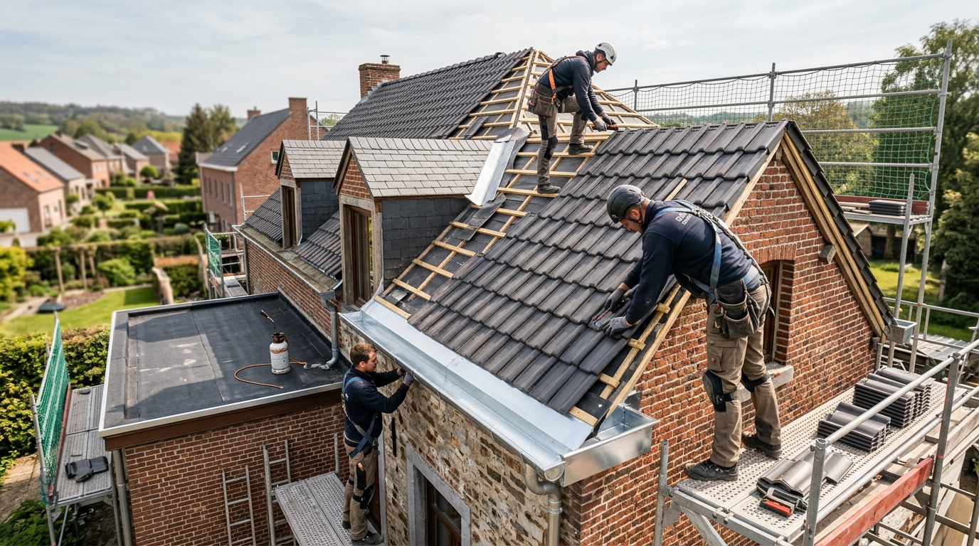 Professionele dakwerkers op een residentieel dak met pannen, zinkwerk en roofing